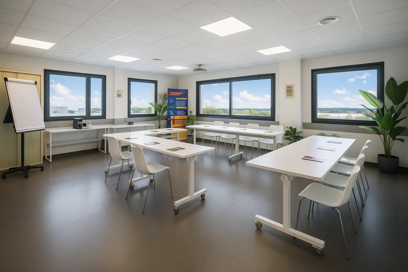 Salle Soléa 214 à Garosud : formation modulable en classe, en U ou en îlots Salle Soléa 214 à Garosud : formation modulable en classe, en U ou en îlots